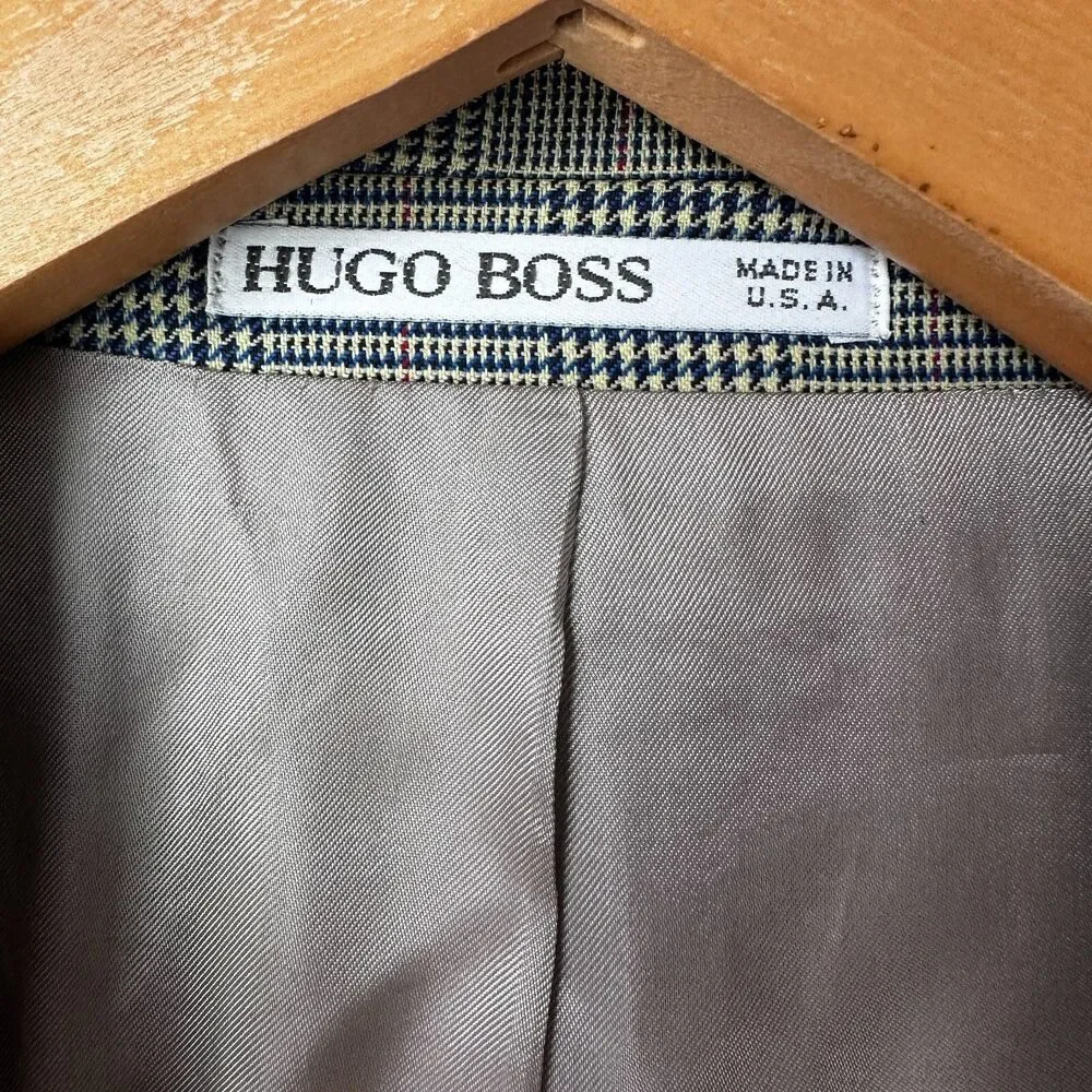 Hugo Boss Saks Fifth Avenue Men's Blazer Plaid 2 Button Shoulder Pads Green Gray
